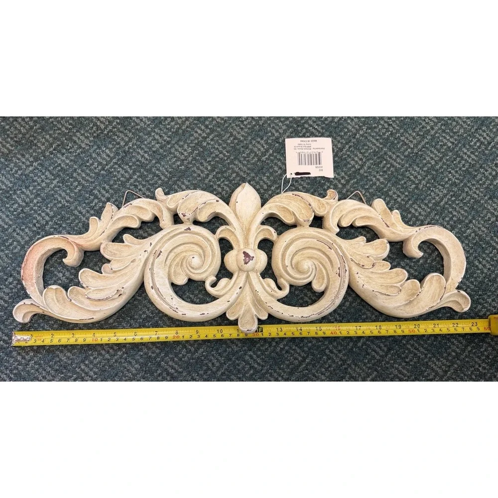 Vtg Cottage Core Ivory Wood Scroll Pediment Wall Decor Ornate Carved Applique